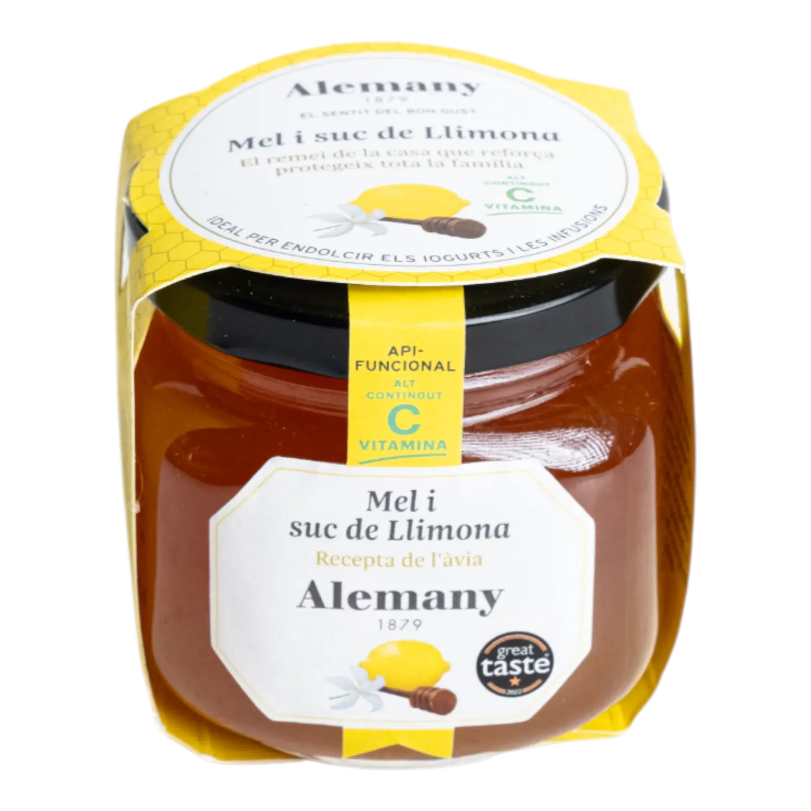 Borcan cu miere și suc de lămâie Alemany – rețetă tradițională, bogată în vitamina C, ideală pentru imunitate.