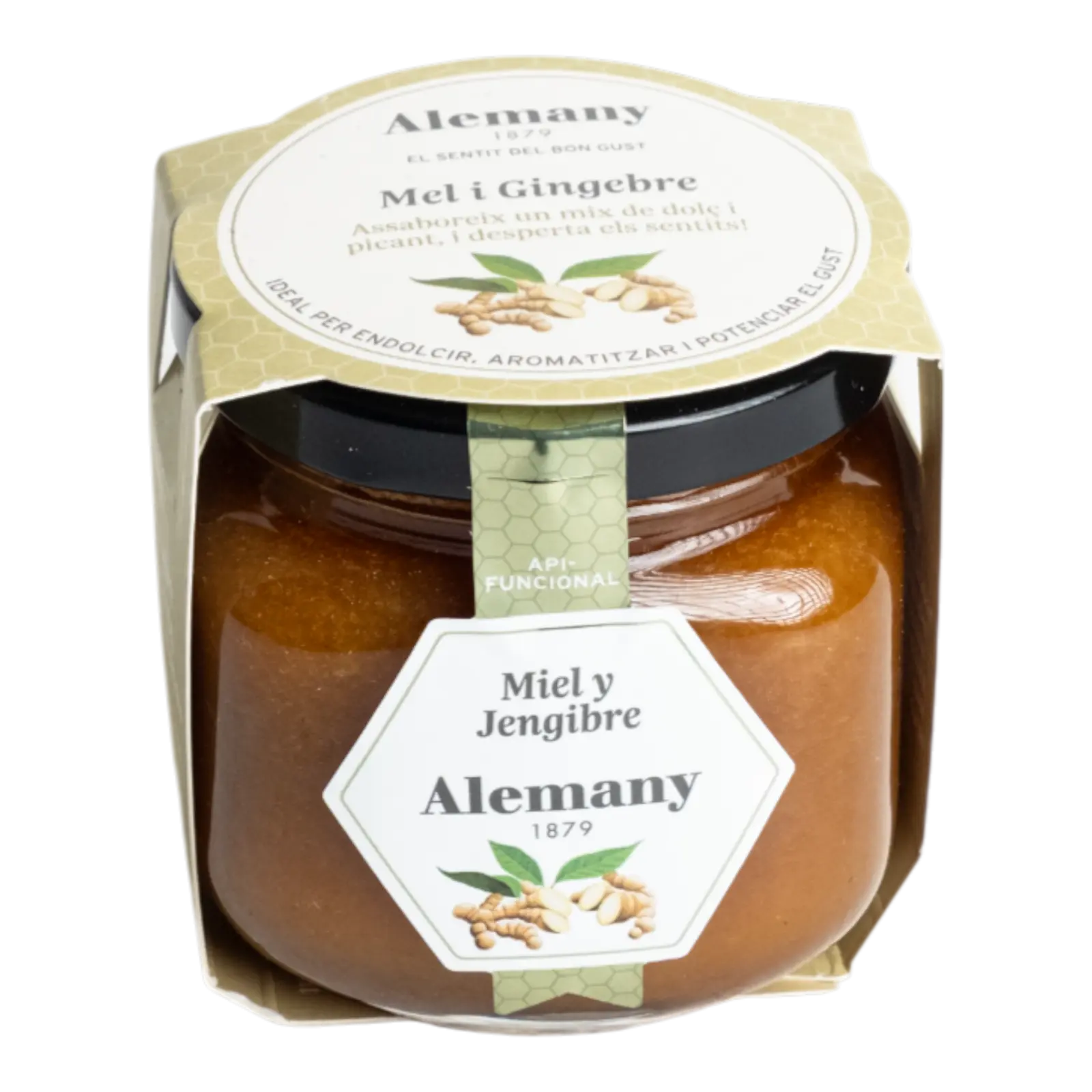 Borcan cu miere și ghimbir Alemany 250g – combinație naturală de miere și ghimbir, cu gust dulce-picant, energizant și aromat.