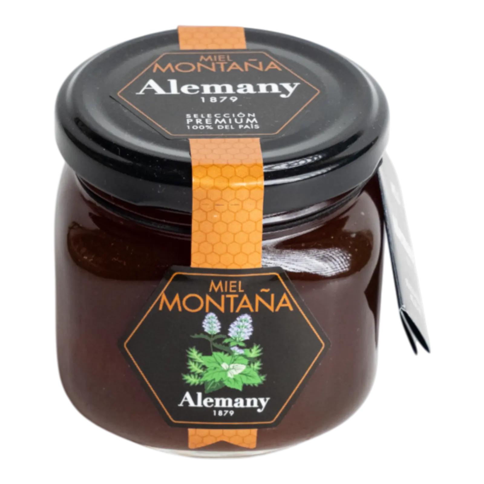 Borcan cu miere de munte Alemany 250g – miere premium, 100% naturală, cu aromă intensă și bogată de flori de munte.