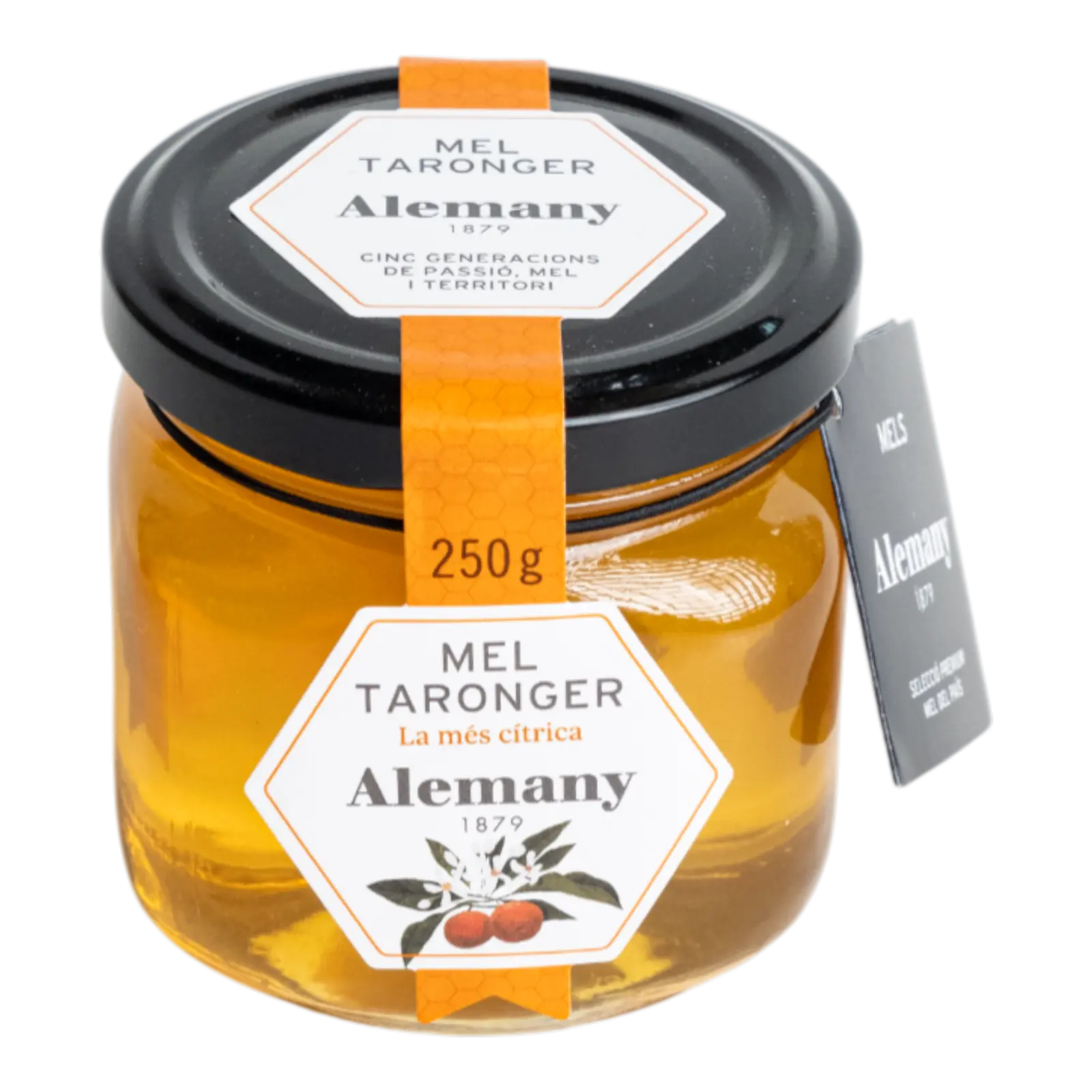 Borcan de 250g cu miere de portocal Alemany – miere citrică, cu gust proaspăt și aromă florală.