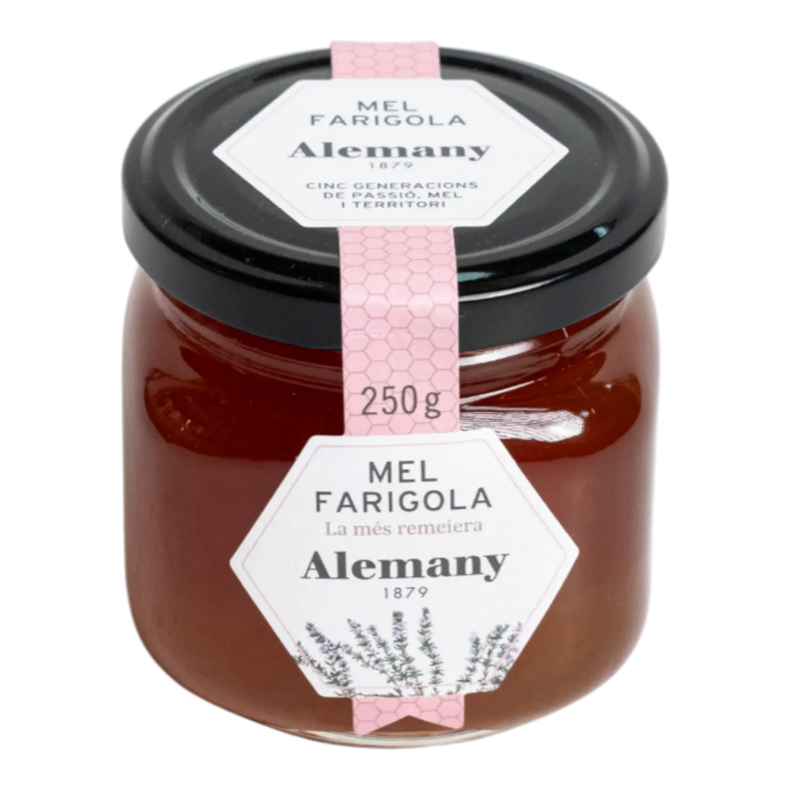 Borcan de 250g cu miere de cimbru Alemany – miere naturală aromată, cu note florale intense, culeasă din zone mediteraneene.