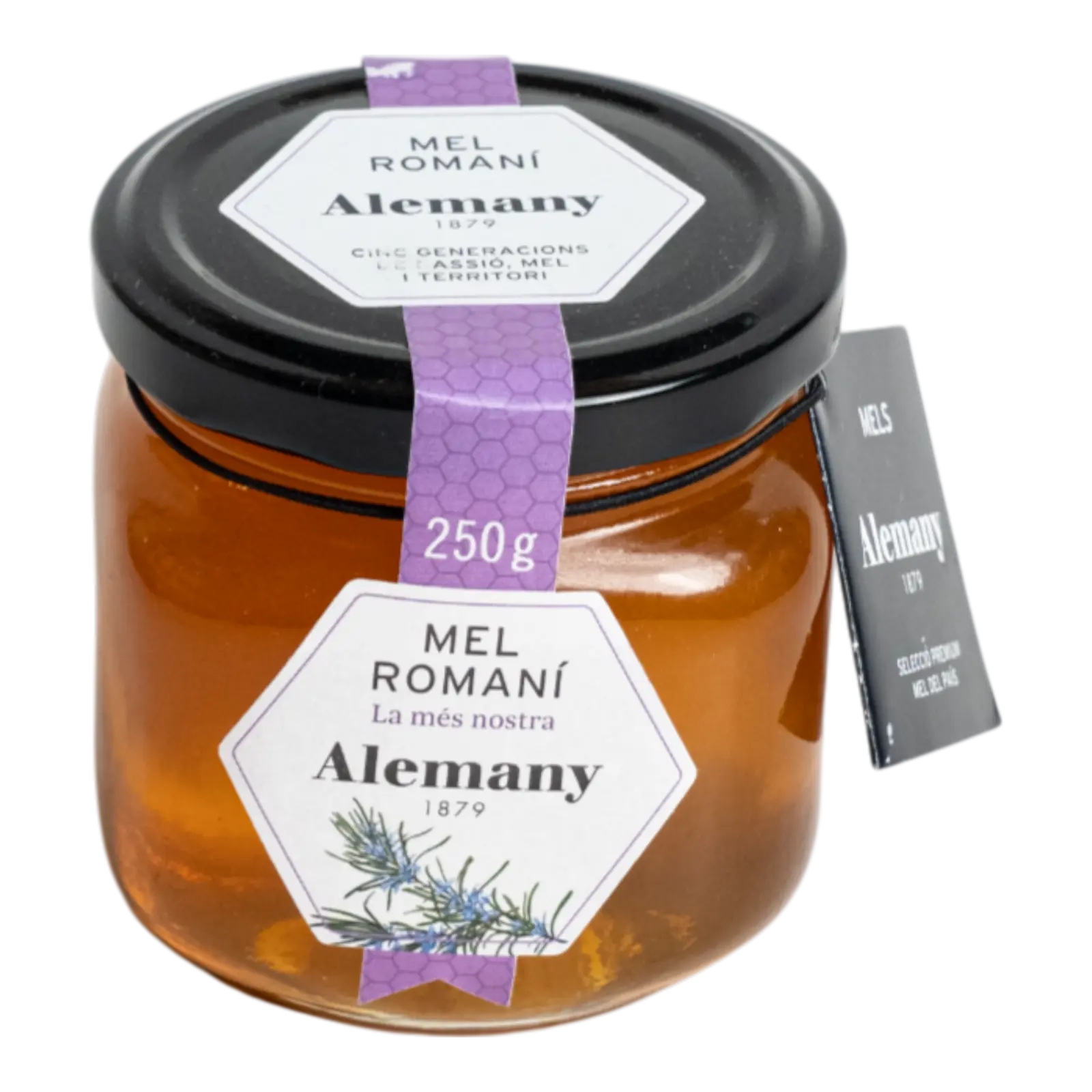 Borcan cu miere de rozmarin Alemany 250g – miere aromată, naturală, în ambalaj premium.
