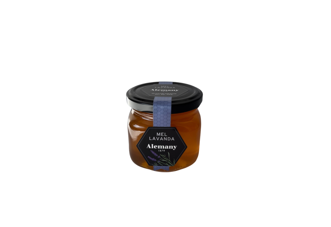 Borcan de miere de lavandă Alemany 1879, produs natural spaniol, etichetă mov, 100% miere florală.