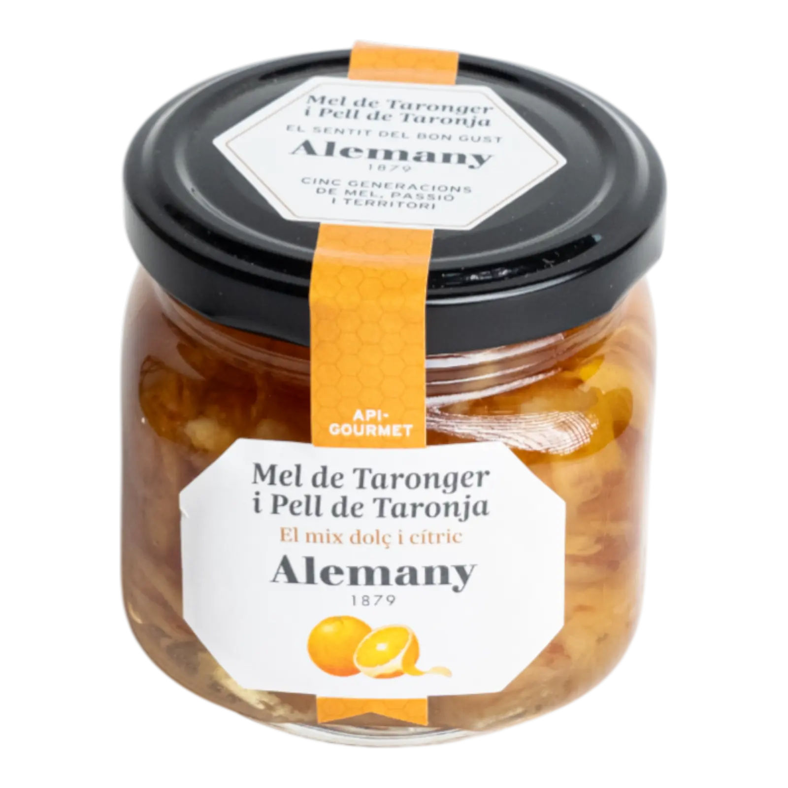 Borcan cu miere de portocale și coajă de portocală Alemany – mix dulce și citric, 100% natural.