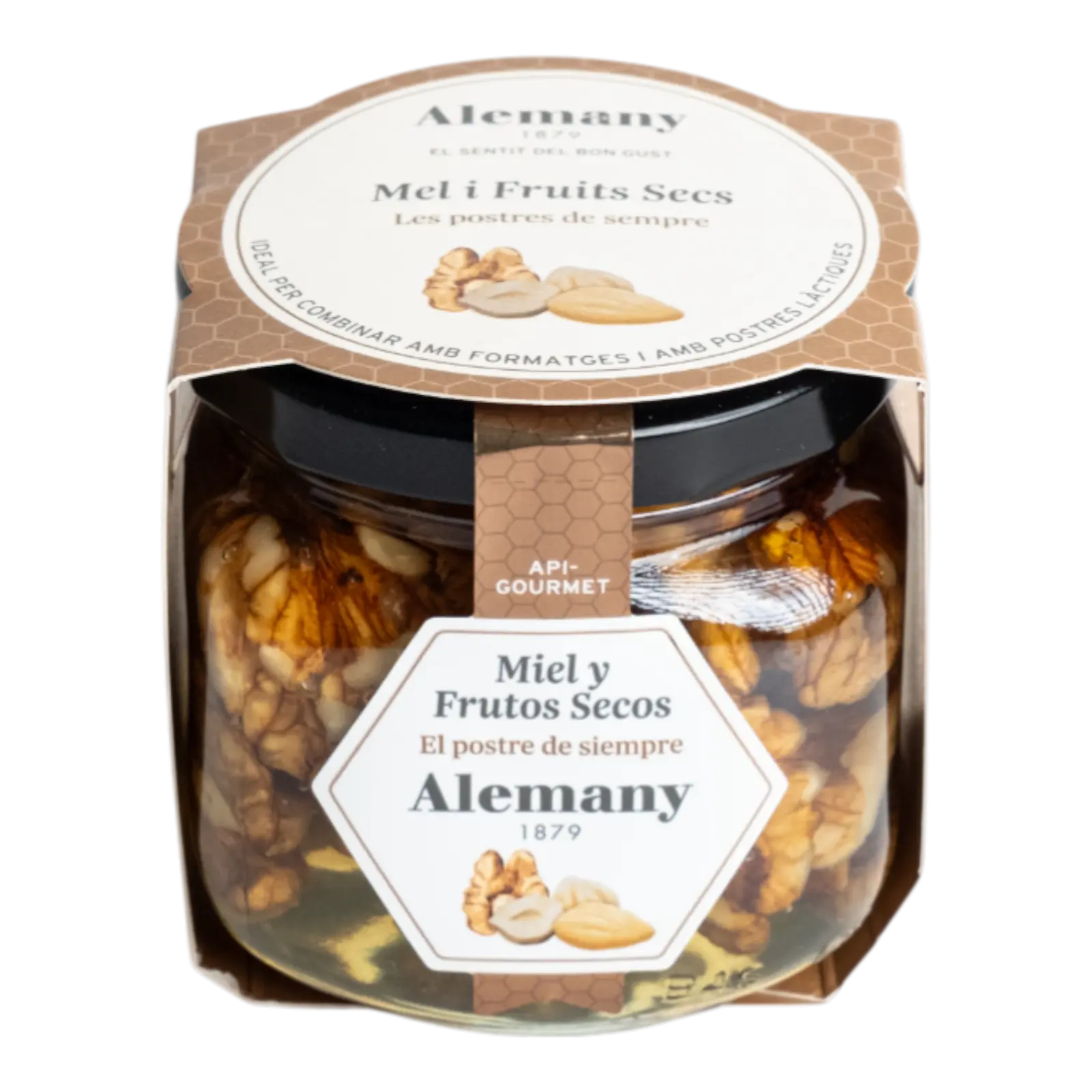 Borcan cu miere și fructe uscate Alemany – combinație gourmet, ideală pentru deserturi și brânzeturi.