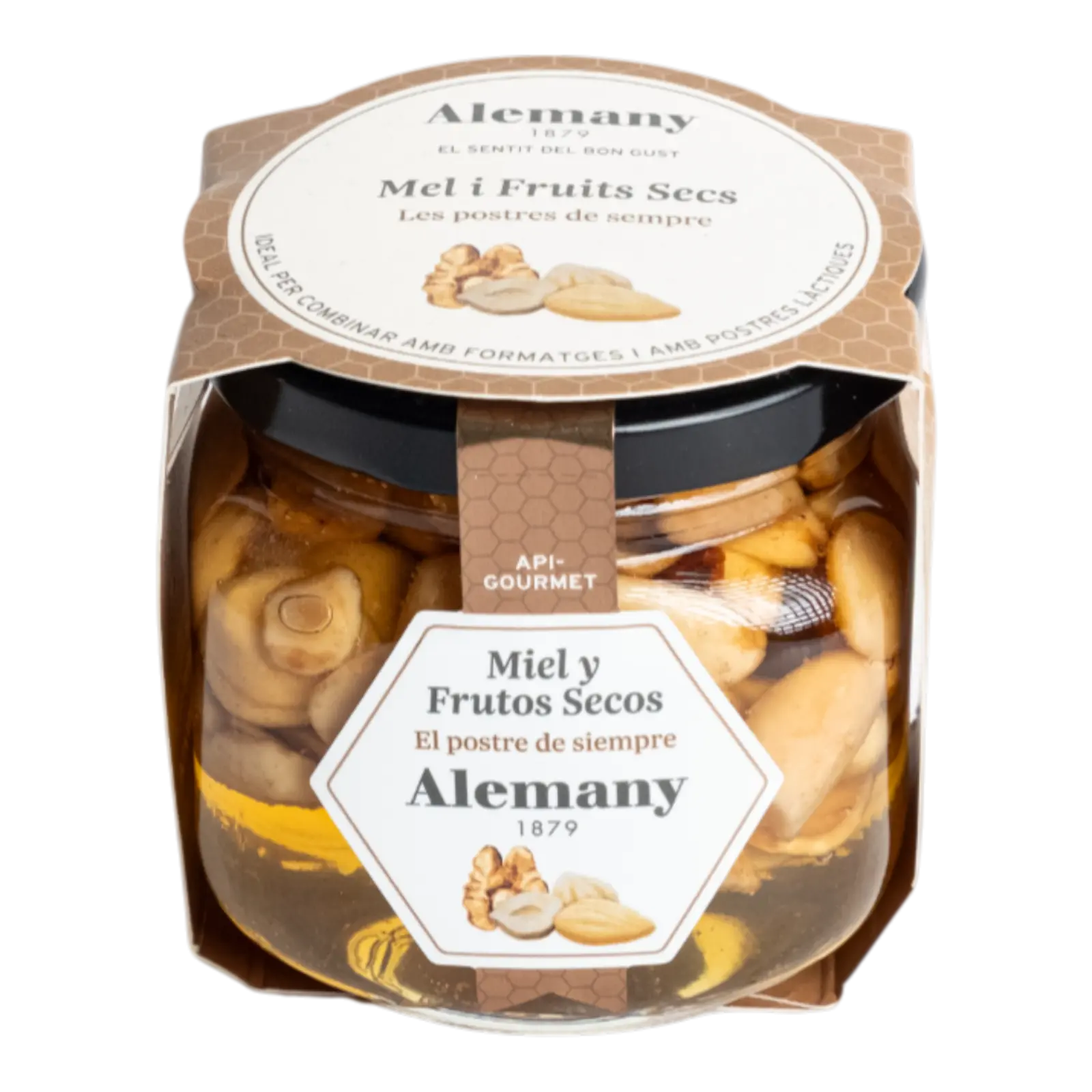 Borcan cu miere și migdale Alemany – desert gourmet tradițional, combinație dulce și crocantă.