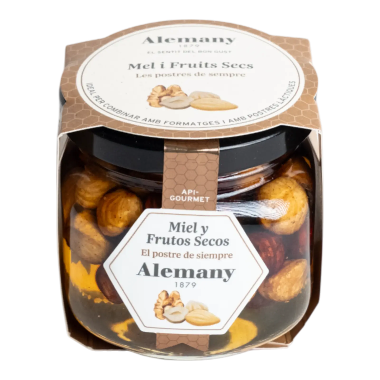 Borcan cu miere și alune întregi Alemany – desert gourmet tradițional, perfect pentru combinații rafinate.