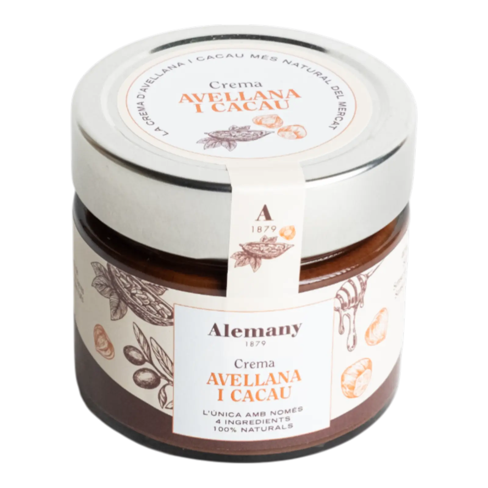 Cremă de alune cu miere și cacao Alemany, 100% naturală, fără aditivi.