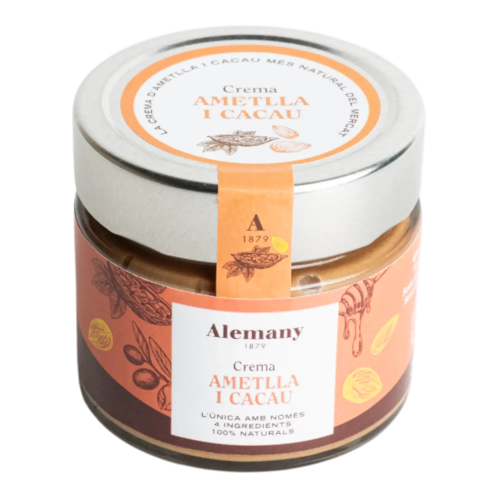 Cremă de migdale cu miere și cacao Alemany, 100% naturală, fără aditivi.