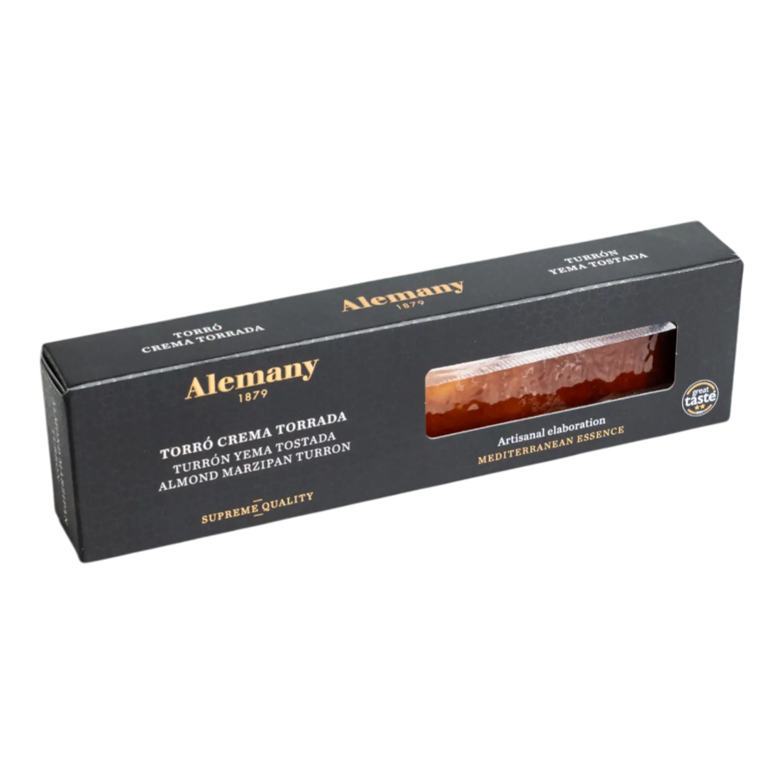 Cutie elegantă neagră de turon artizanal marca Alemany, cu fereastră transparentă care lasă să se vadă textura caramelizată a produsului.