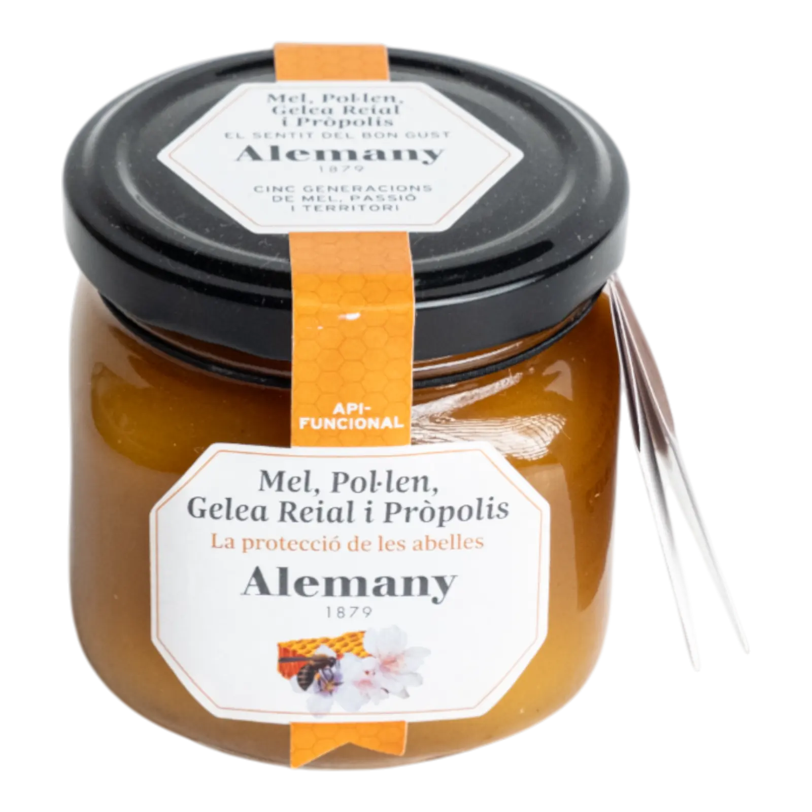 Miere multifuncțională Alemany cu polen, lăptișor de matcă și propolis – combinație apifuncțională pentru imunitate și vitalitate, 100% naturală.