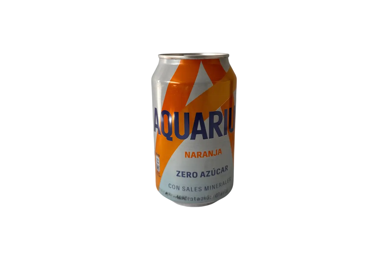 Doză de băutură răcoritoare Aquarius cu portocale, zero zahăr, 330ml – design portocaliu cu inscripția „naranja” și „zero azúcar”, produs adus din Spania.