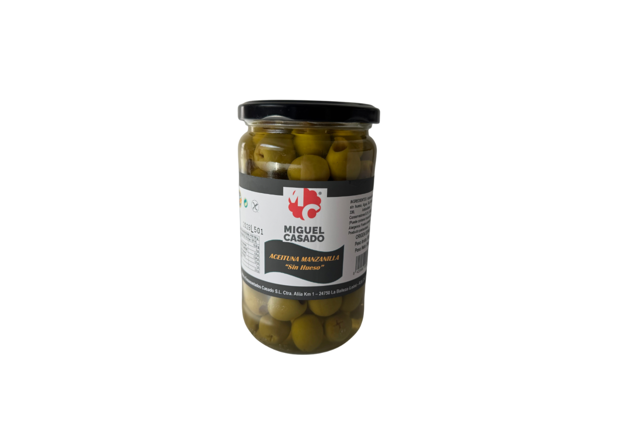 Borcan de 290gr cu măsline verzi fără sâmburi Miguel Casado Manzanilla – etichetă neagră cu logo roșu, produs originar din Spania.