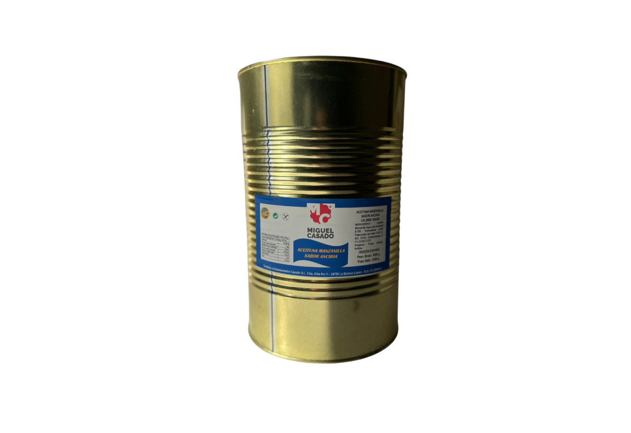 Conservă metalică de 2,5 kg cu măsline verzi Manzanilla cu aromă de anchoa, produs tradițional spaniol marca Miguel Casado.