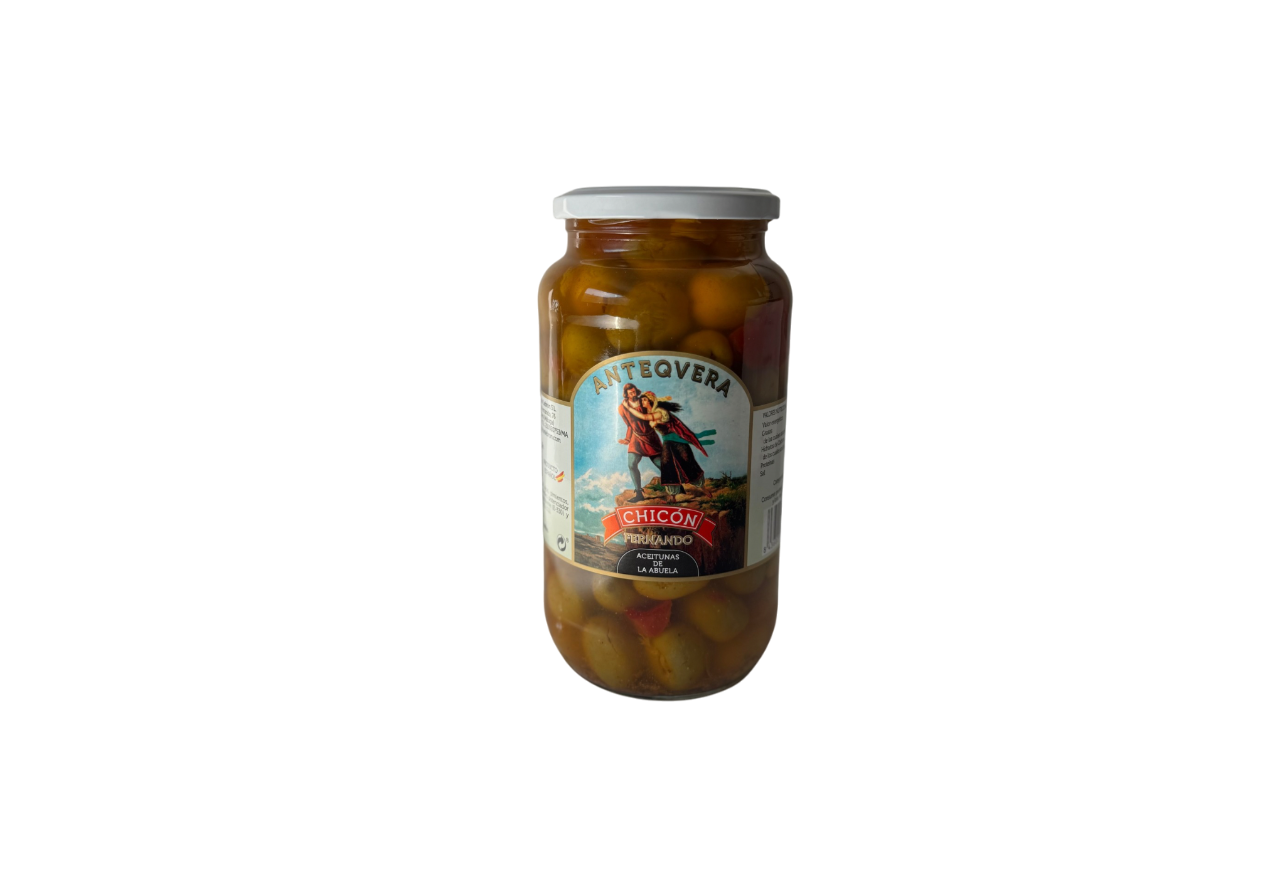 Borcan cu măsline verzi Partida de la Abuela, în saramură, brand Chicon Antequera, etichetă cu dansatori andaluzi.