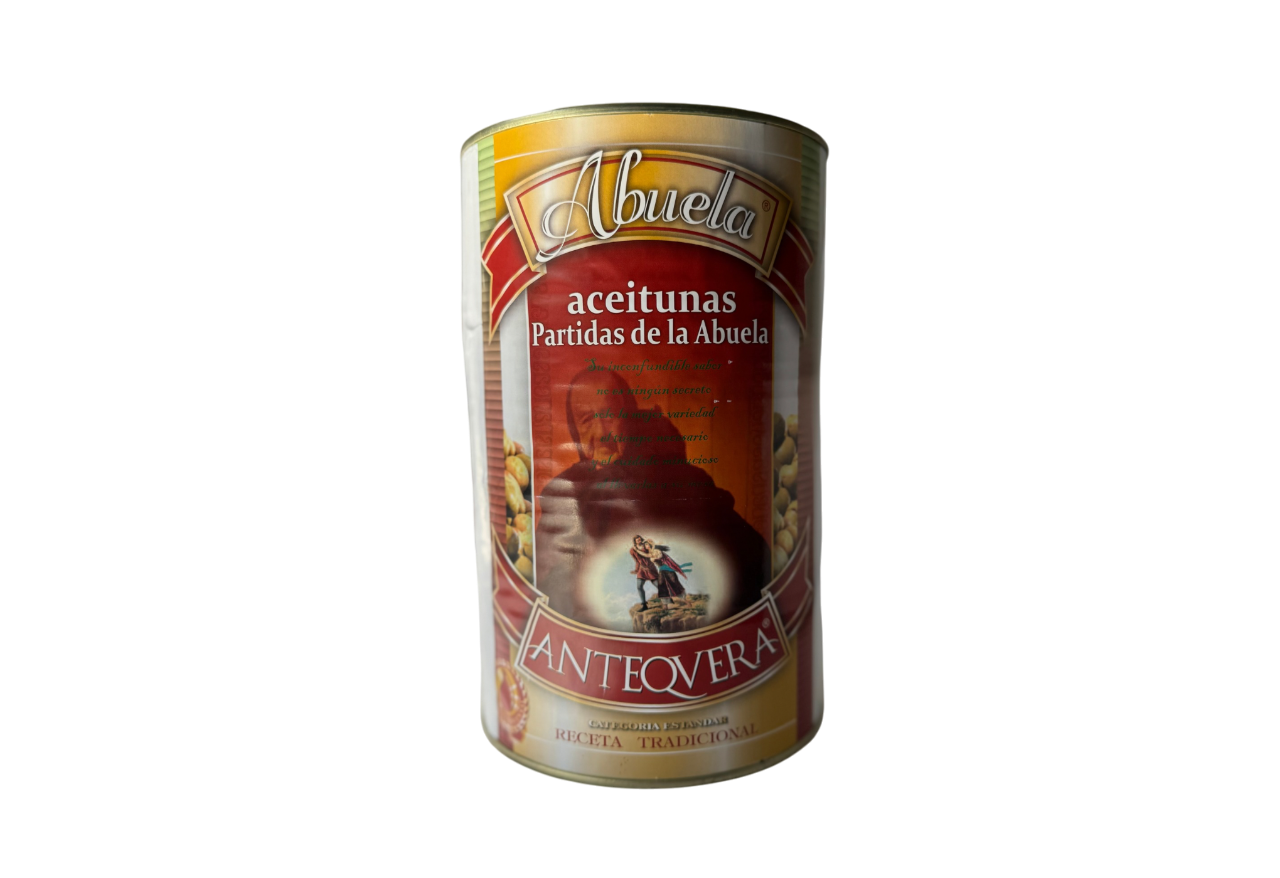 Cutie metalică de măsline spaniole Partida de la Abuela, stil vintage, cu imaginea unei bunici și mențiunea „rețetă tradițională”.