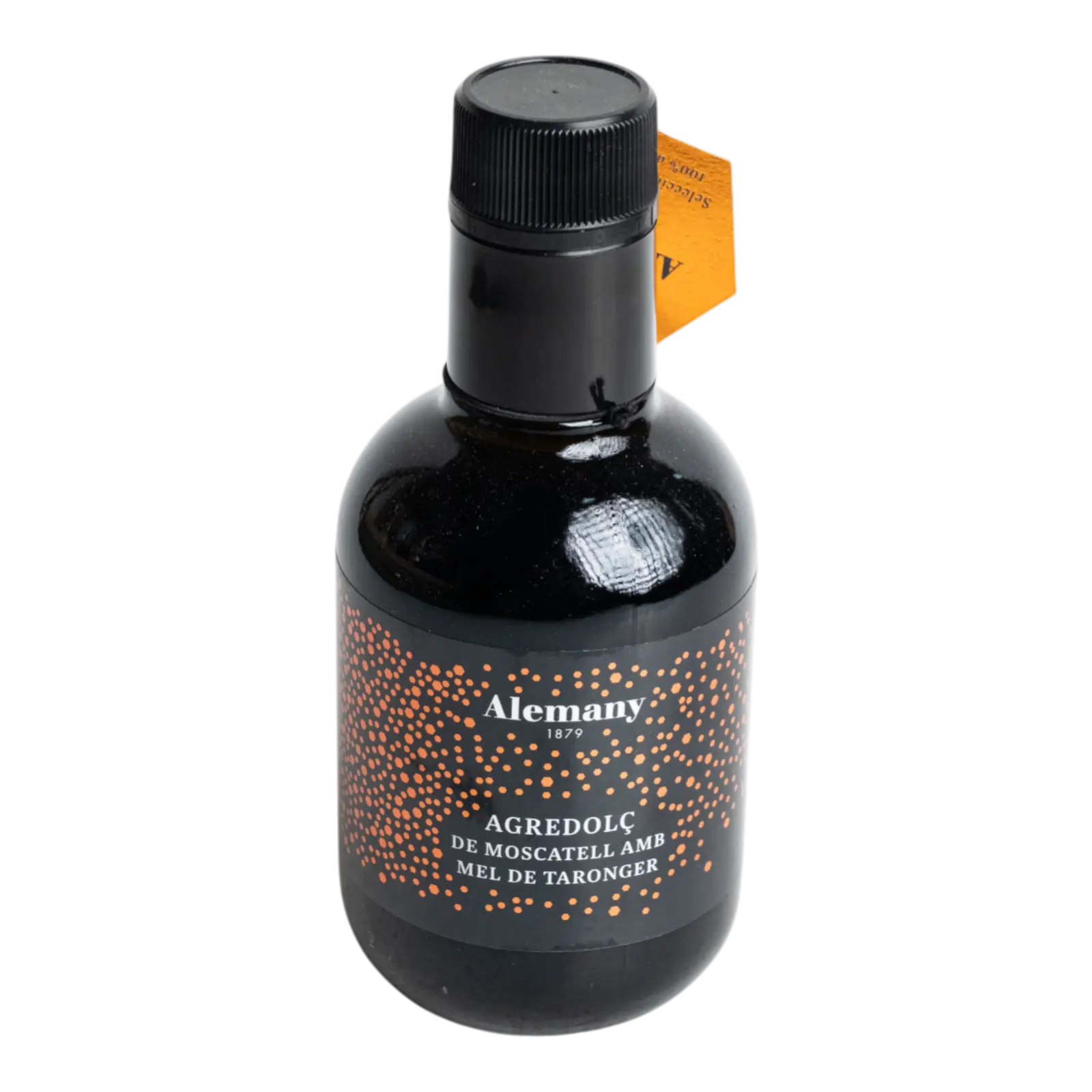 Sticlă de oțet dulce-acrișor de muscatel cu miere de portocal, 250ml, marca Alemany, cu etichetă neagră decorată cu puncte portocalii și etichetă suspendată hexagonală portocalie. Ambalaj elegant, potrivit pentru gama gourmet.