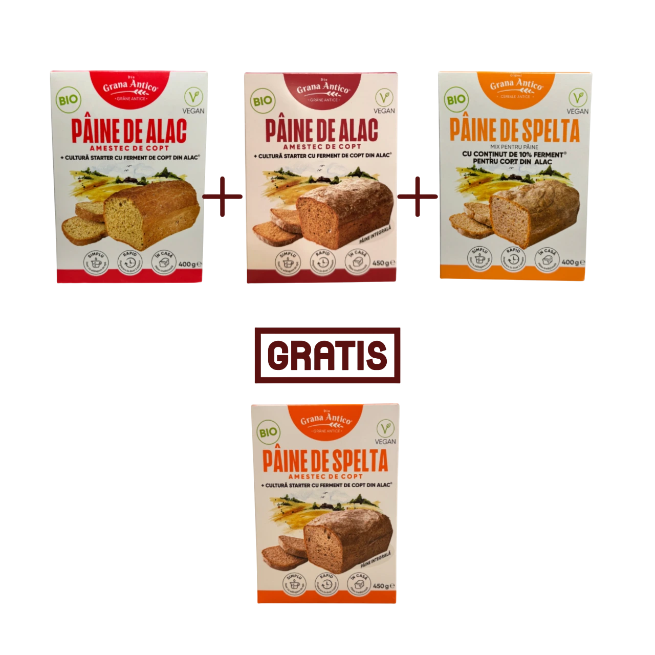 Oferta – mix paine alac + mix pâine alac integrală+ mix paine spelta + mix paine spelta integrală (gratis) = 71 lei