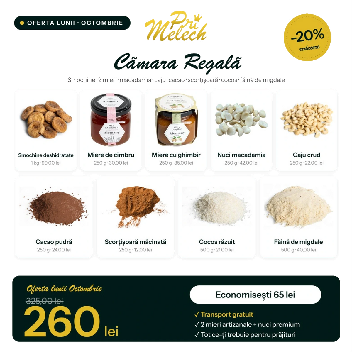 Ingrediente prăjituri · făină de migdale · cacao pudră · cocos răzuit · smochine uscate · miere de cimbru · nuci macadamia · ingrediente cozonac