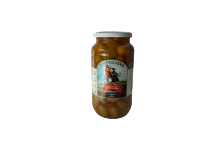 Borcan cu măsline verzi Partida de la Abuela, în saramură, brand Chicon Antequera, etichetă cu dansatori andaluzi.